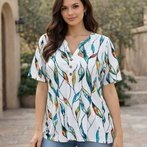 White Multicolor Leaf Blouse 2XL Boho Artistic Flowy Naturecore Whimsical